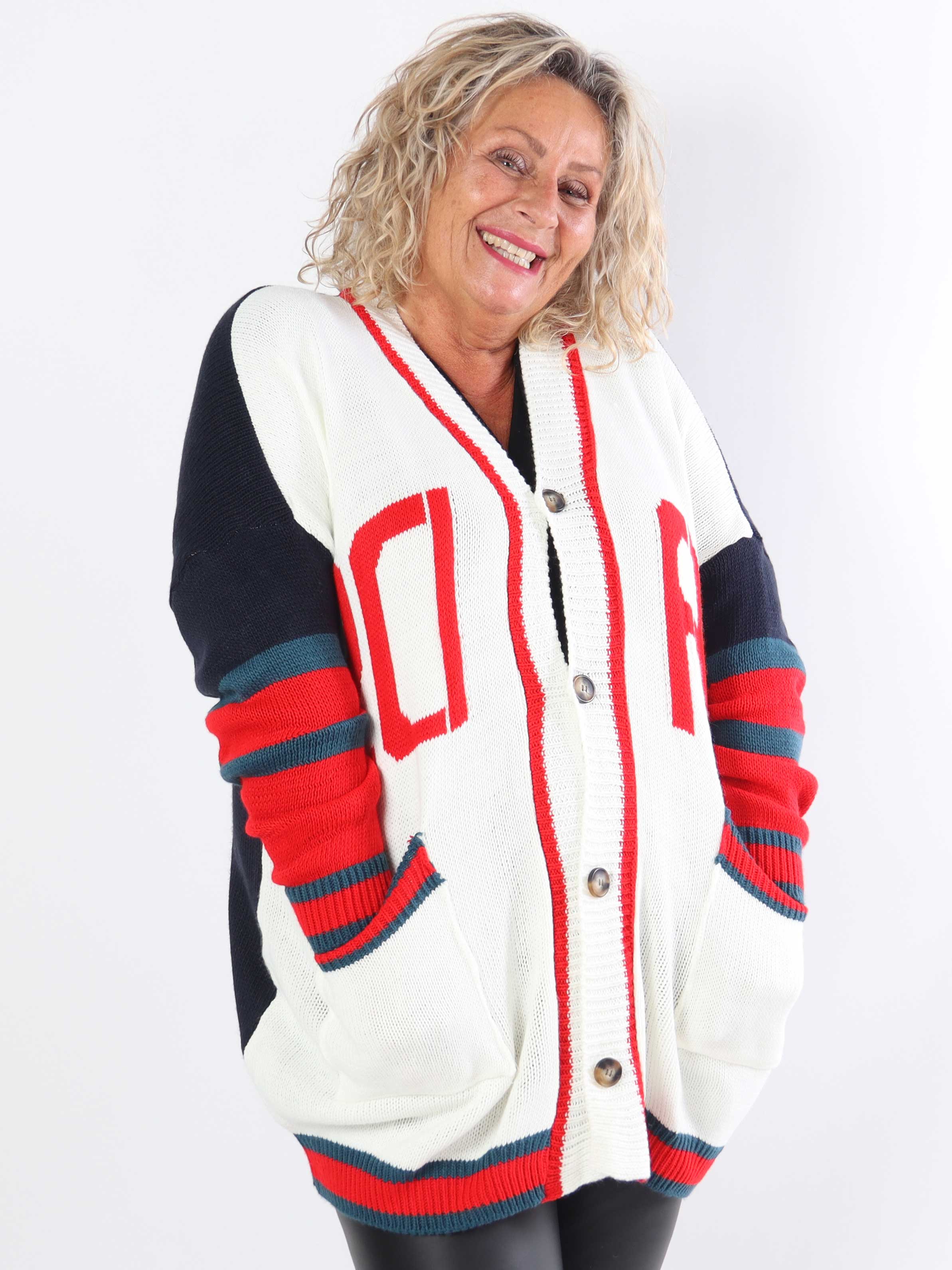 Diah - Flerfarvet plus size college strikcardigan
